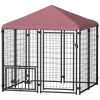 PawHut Welded Wire Outdoor Dog Kennel with 360Â° Rotating & 4 Levels Adjustable Bowls, Waterproof Cover, 4.6' x 4.6' x 5'