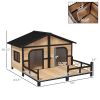 PawHut 59"x64"x39" Large Wooden Dog House Raised Weatherproof Rustic Log Cabin Style Elevated Pet Shelter Porch Deck, Natural